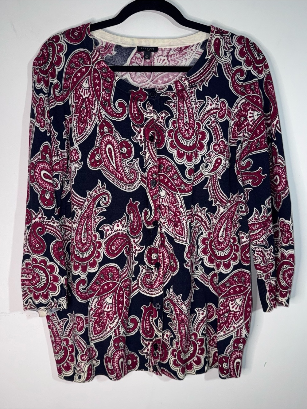Talbots Woman 1X Paisley Cardigan Sweater Navy Red Ivory Button Front